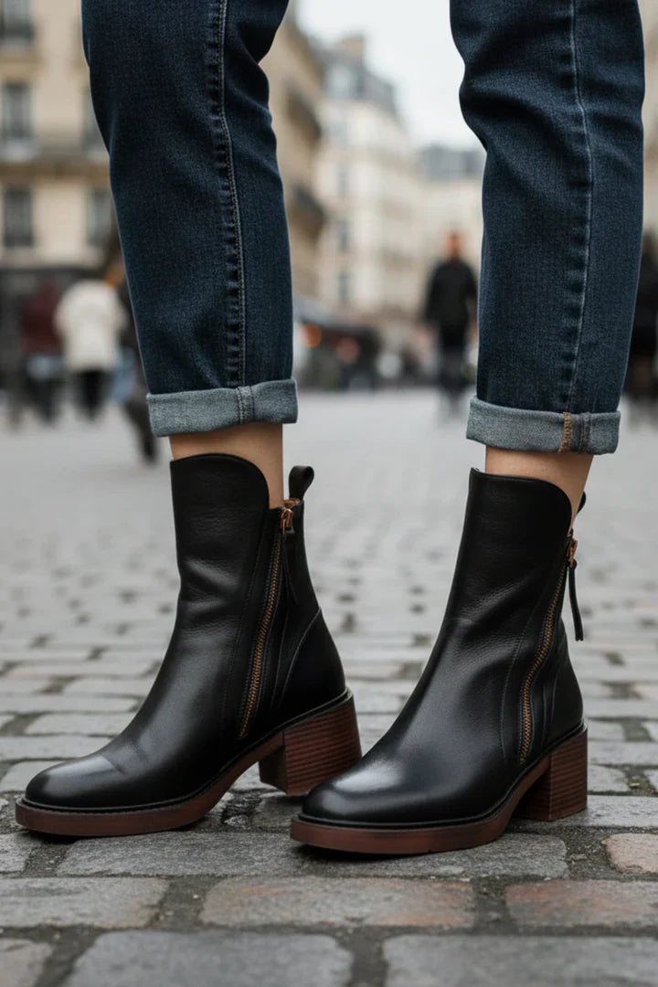 Valorine™ | Bota de piel negra con tacón cómodo, elegante y atemporal